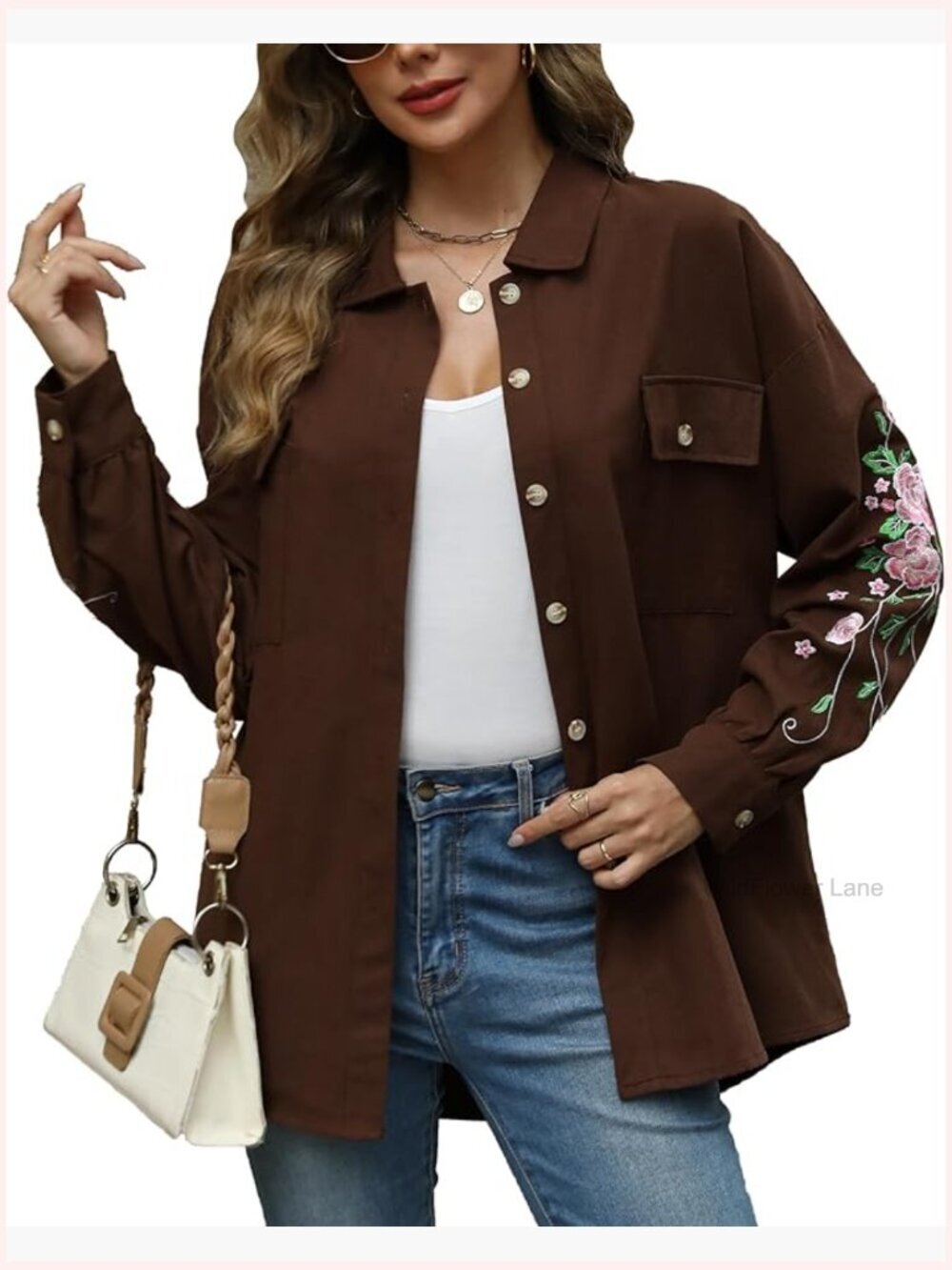 Long Sleeve Button Down Blouse with Floral Embroidery and Chest Pocket for Work